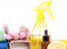 Eco-friendly natural cleaners, cleaning products. Homemade green cleaning on white background.
